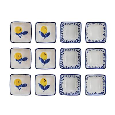 Stoneware Dish with Lemon Design in Four Styles, Set of 12 - 3.1"L x 3.1"W x 1.5"H