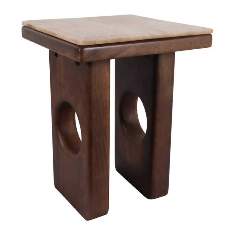 Square Stone Top Accent Side Table with Wood Base - 21", Tan & Brown - 21.0"