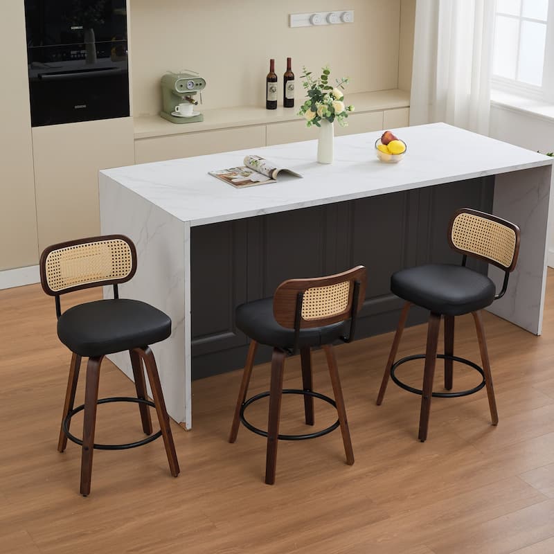 Set of 3 Counter Height Bar Stools - Rattan Counter Height Stools with Cane Back, Upholstered Seat, Swivel Counter Stools