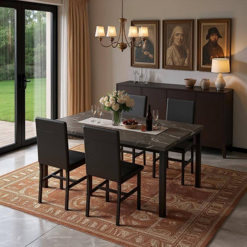 Grondin Modern Contemporary 5 Pieces Dining Table Set with Faux Marble Top and 4 PU Leather Upholstered Chairs - Black
