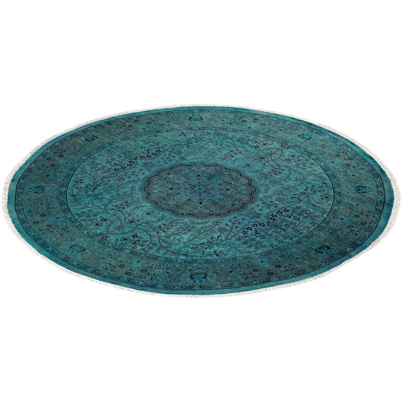 Overton Hand Knotted Wool Vintage Inspired Modern Contemporary Overdyed Blue Round Area Rug - 5' 8" x 5' 9"
