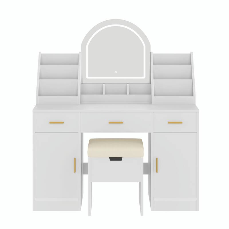 47.2" Makeup Vanity with Mirror & Light - Vanity Desk with Cushioned Storage Stool