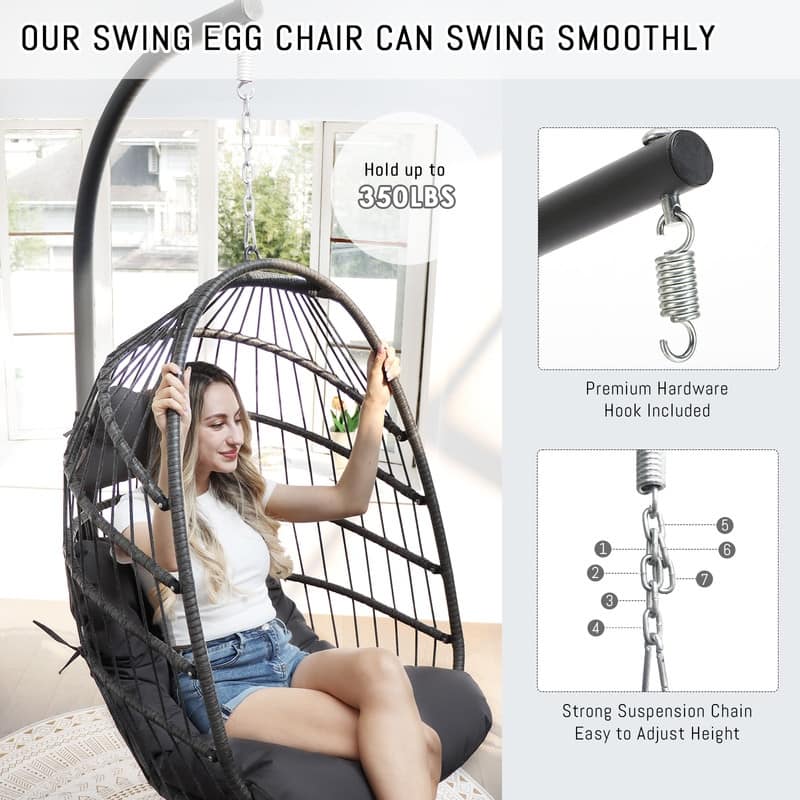 Oversized Hanging Egg Chair with Stand, Indoor Outdoor Swing Chair, 350 lbs Capacity Cozy Rattan Lounge