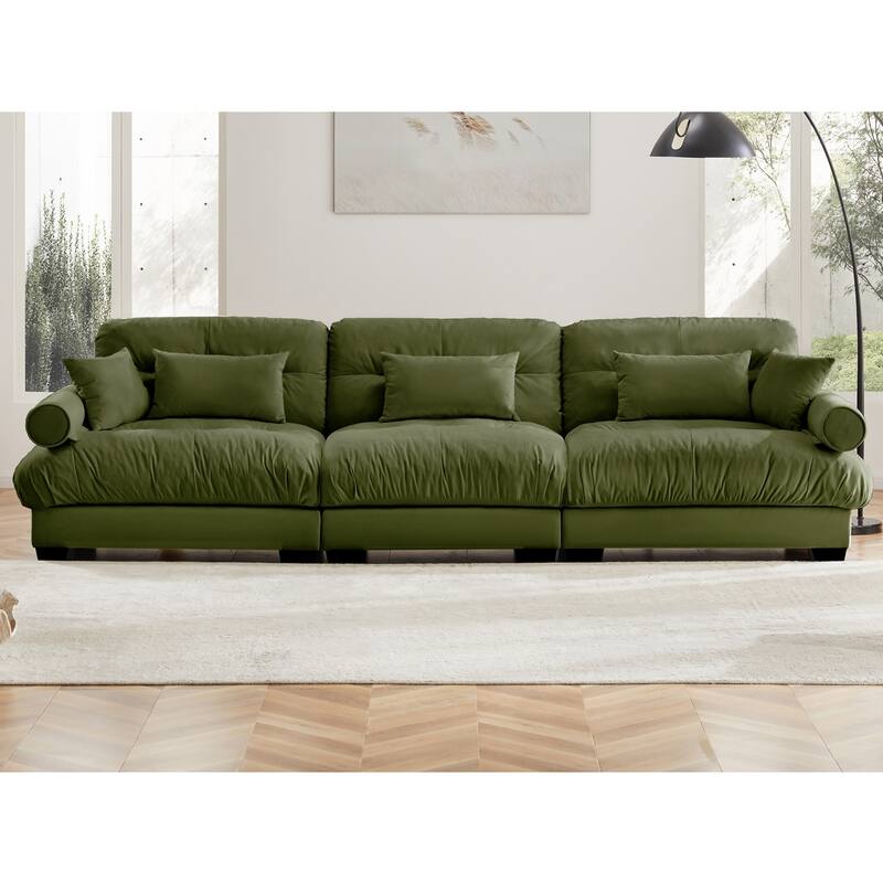 Modern Sectional Couch Comfortable Upholstered Sofa Set with Lumbar Pillow and Throw Pillow for Living Room - 3 Seats - Olive Green