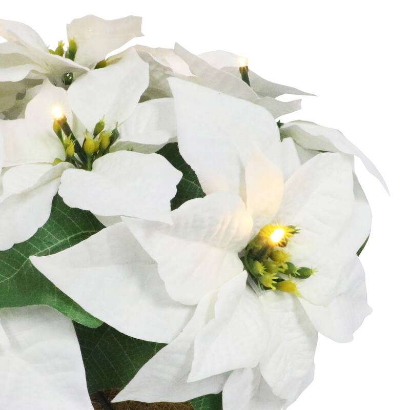 Puleo International 22" Pre-Lit Battery-Operated Artificial Potted White Poinsettias