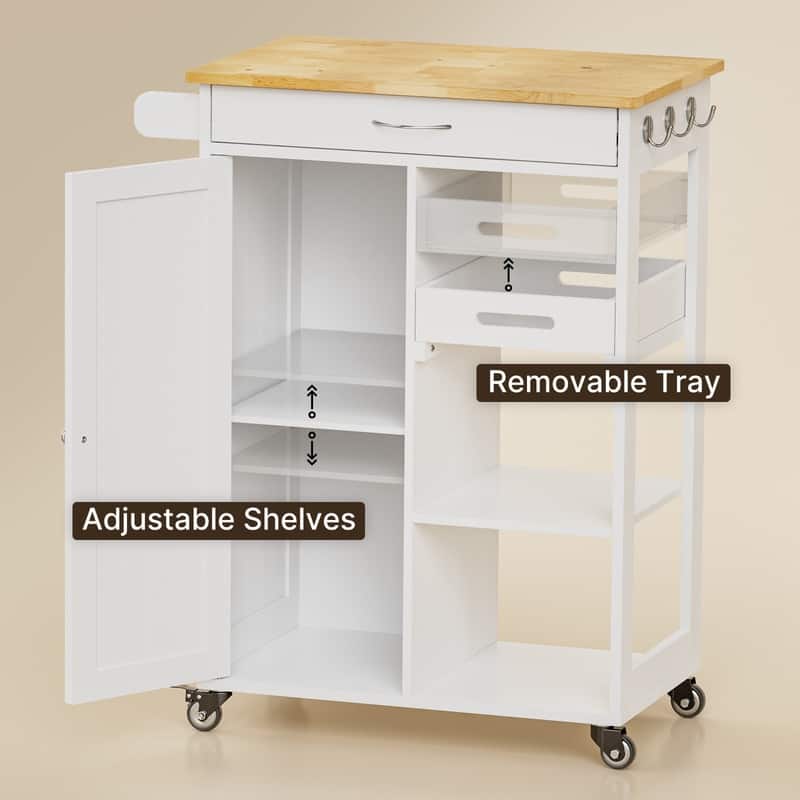 Kitchen Trolley Rolling Island Cart with 1 Drawer, Storage Cabinet and 3 Tier Storage Shelves