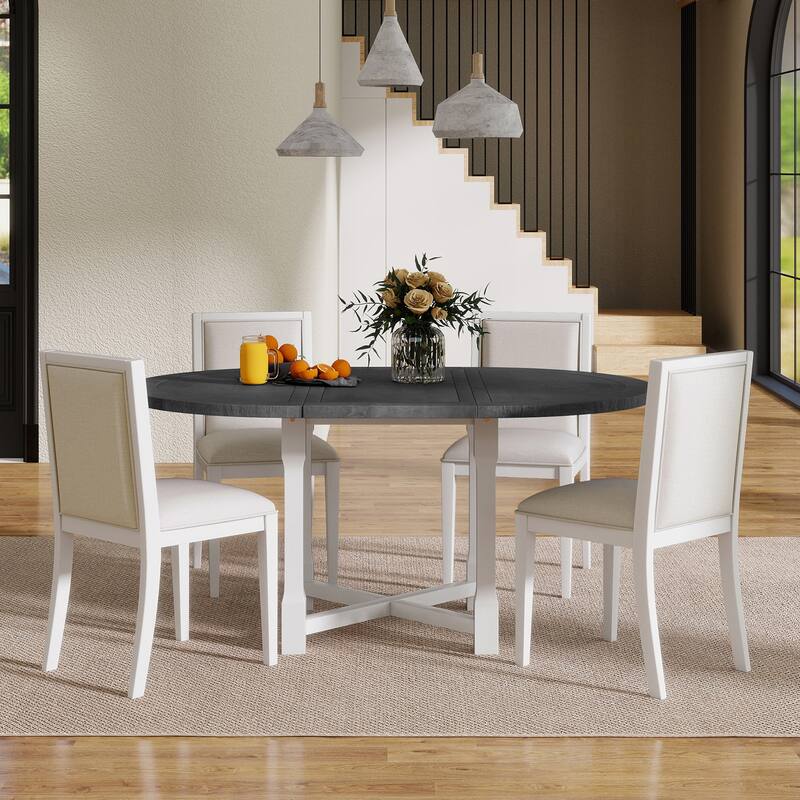 Extendable Dining Table with Wood Legs, Modern Dining Table & Chairs Set with Upholstered Dining Chairs - Grey White