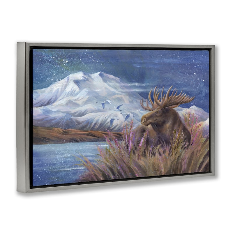 Stupell Moose & Snowy White Mountain Framed Floater Canvas Wall Art Design By Jody Bergsma