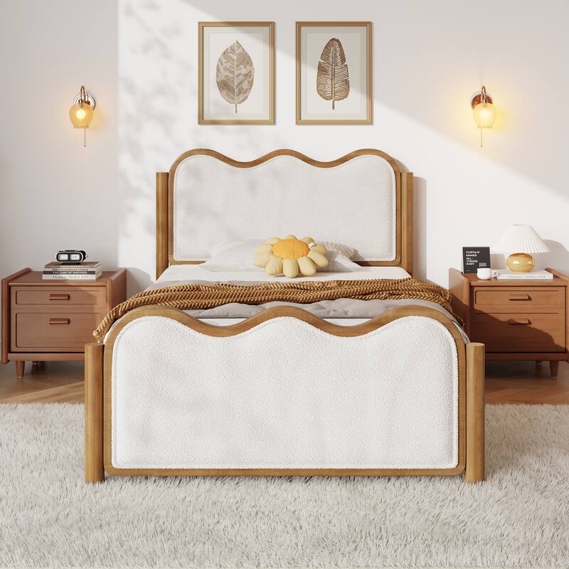 Christopher Knight Home - Modern Upholstered Boucle Bed Frame with Wooden Legs with Wavy Curved Headboard