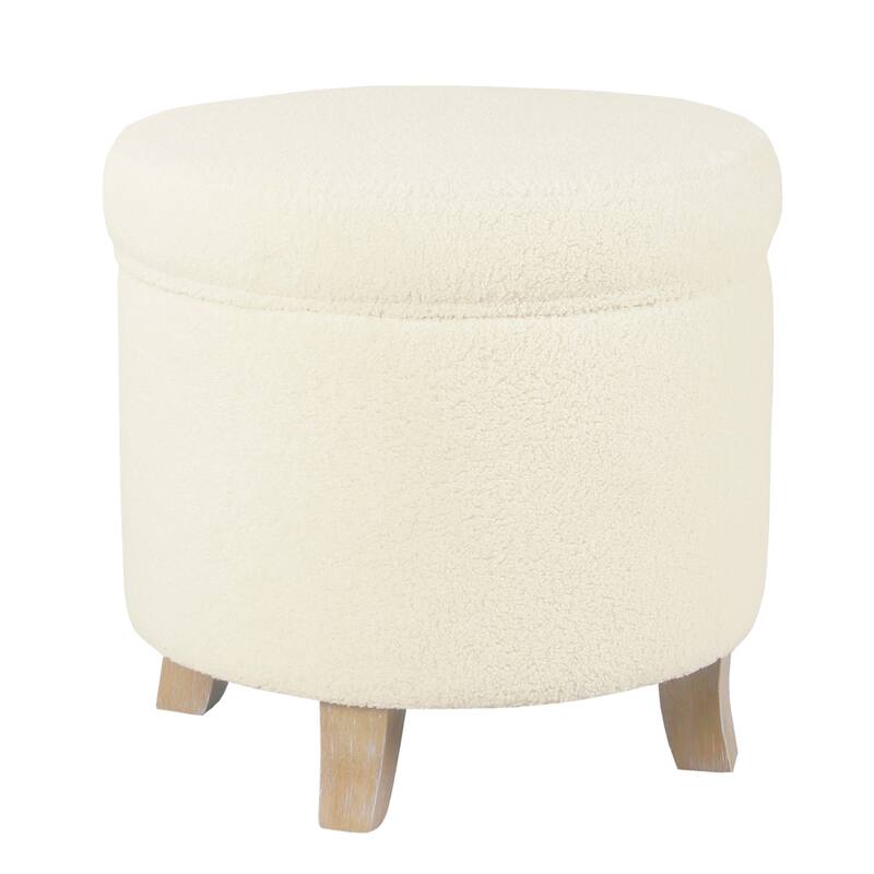 Loni 19 Inch Round Storage Ottoman in Soft Beige Faux Sheepskin with Wood Legs