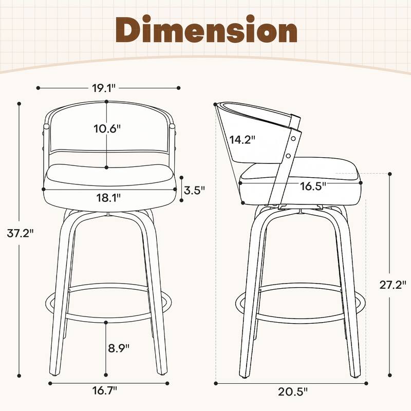 Upholstered Swivel Counter Height Bar Stool with Curved Back and Bentwood Frame - 37.2"H x 19.1"W x 20.5"D