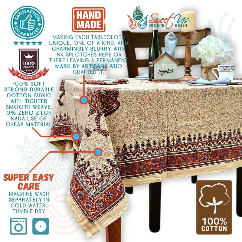 Block Print Veggie Dye Peacock Paradise Paisley Tablecloth Collection - 60 x 60 in