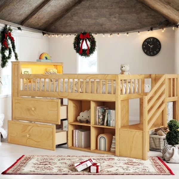 slide 2 of 22, Functional and Safe Twin Kids Bed Loft Bed with LED and Storage for Bedroom Natural