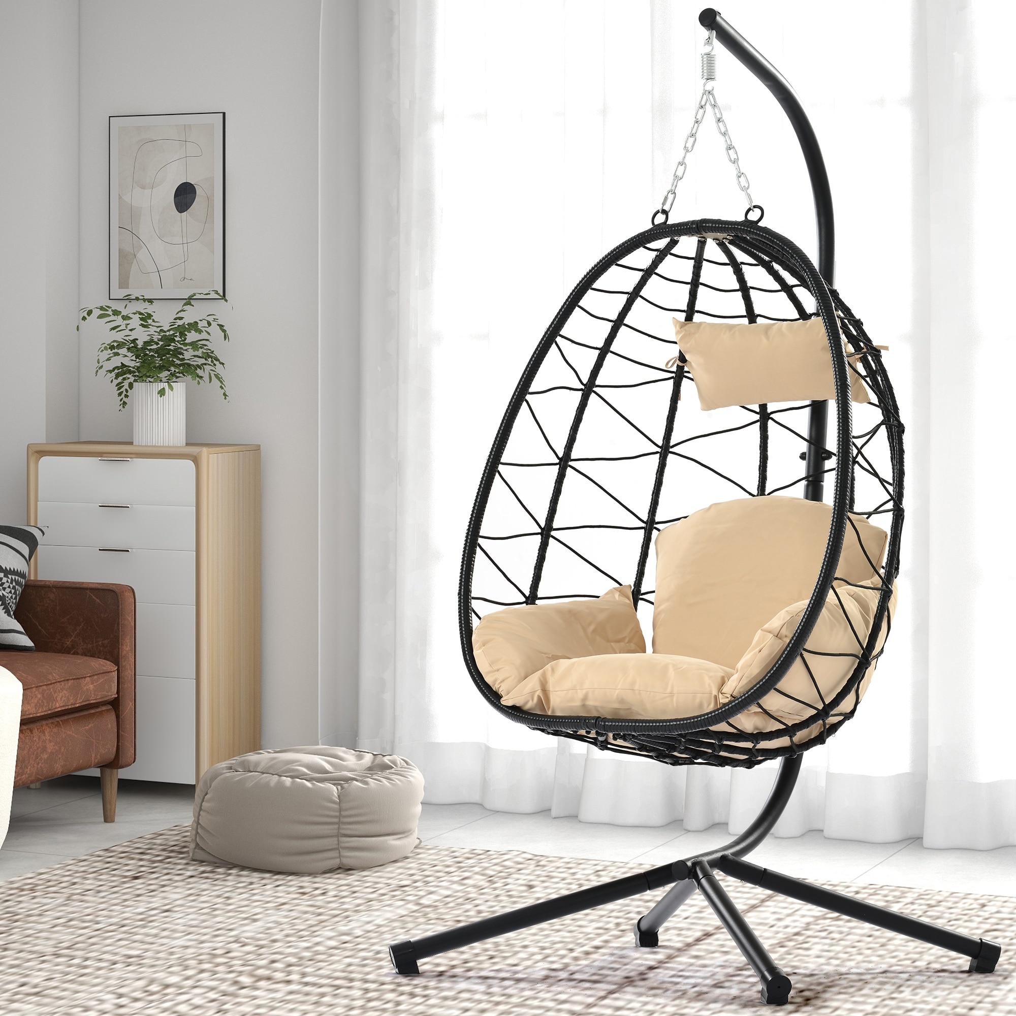 Beige Egg Chair Swing Chair Patio Wicker Hanging Basket Chair Hammock Chair with Stand Swing Reading Chair Standing Egg Chair