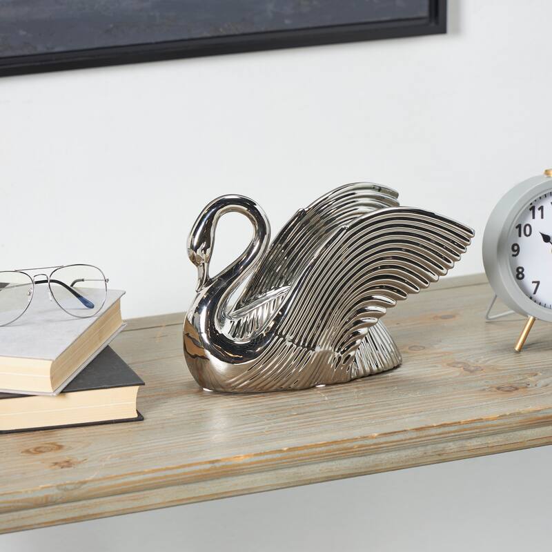 Silver or White Ceramic Swan Sculpture with Textured Grooves