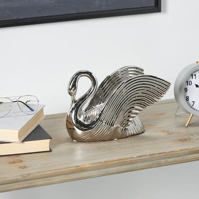 Silver or White Ceramic Swan Sculpture with Textured Grooves