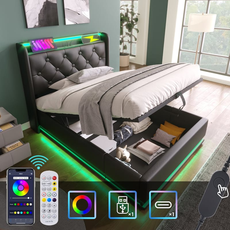 Twin/Full/Queen/King Upholstered Storage Bed with 360掳 LED, USB Type-C Charging, Remote/App Control, Black PU