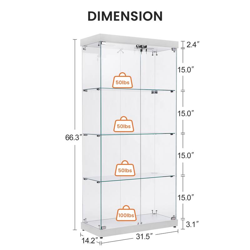 4-Tier Double Glass Door Display Bookshelf with Two Locks and 2 Lamp