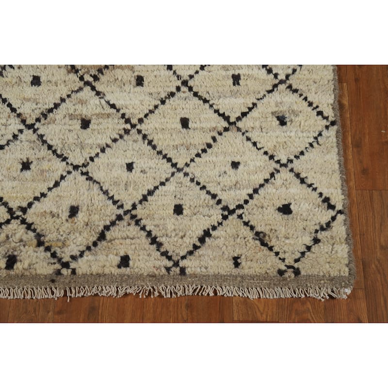Trellis Beige Moroccan Oriental Runner Rug Hand-Knotted Wool Carpet - 3'6" x 12'10"