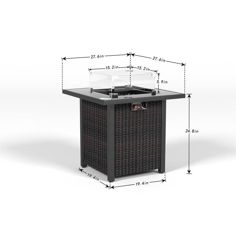 28 Inch Propane Fire Pit Table, Rattan & Wicker-Look, 50000 BTU Gas Firepits Tempered Glass Tabletop