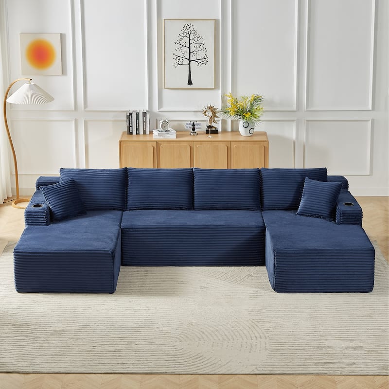 Minimalist Modular Lounge Couch U-shaped Sectional Sofa with Chaise, Corduroy Sleeper Sofa Bed with Side Pockets and Cup Holders