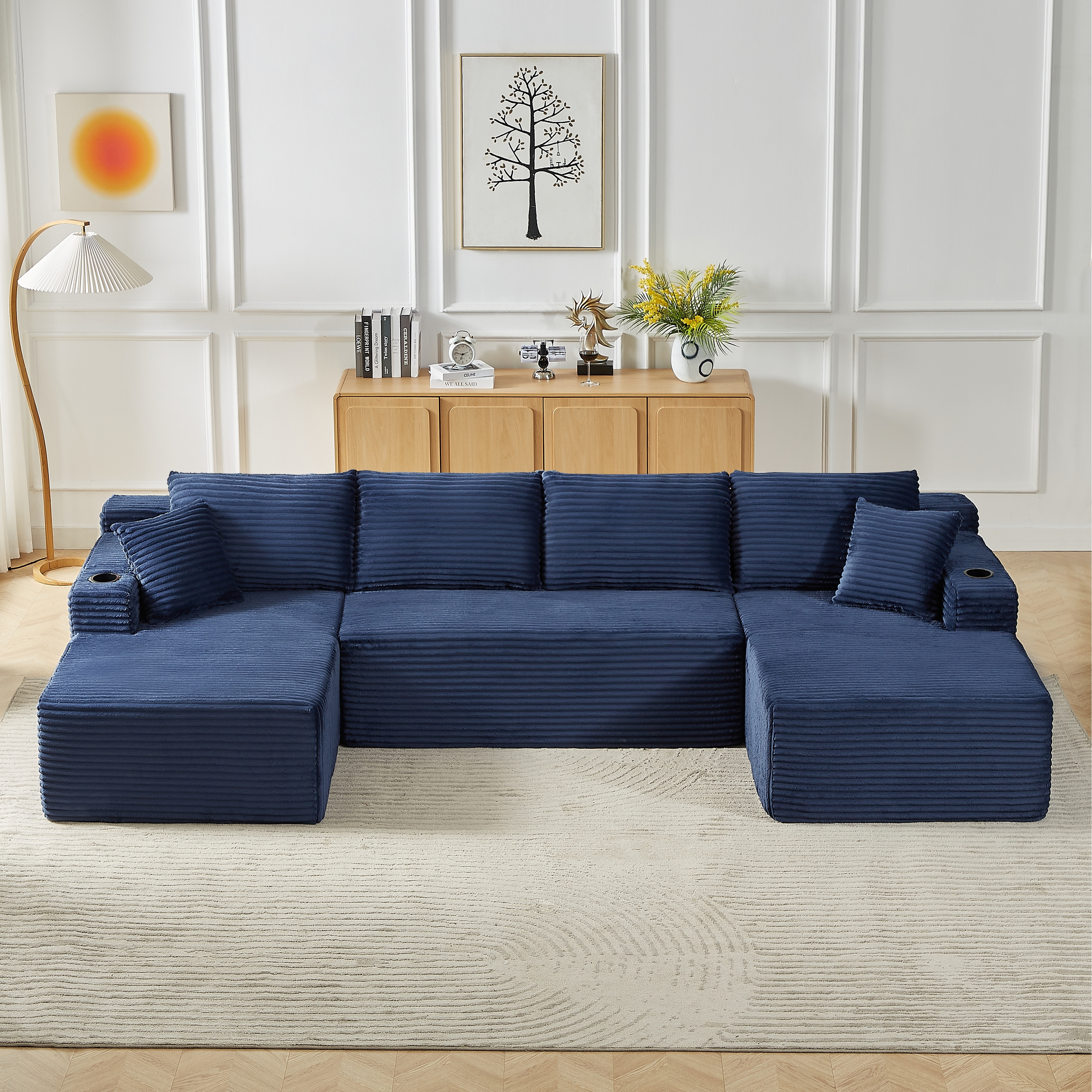 U-Shaped Modular Sectional Sofa Set, Compressible Corduroy Deep-Seat Sofa, Large 6 Seat Sofa with Cup Holders & Ottoman