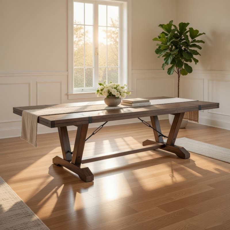 Yael Dining Table, 108-140 Inch 8 to 14 Seater, Brown Mahogany Wood - Natural Brown, Black