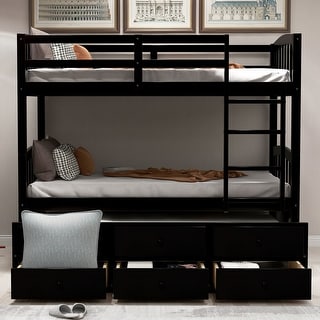 Modern Design Wood Bunk Bed with Ladder, Multifunctional Trundle Bunk Bed with Drawers