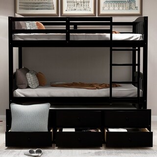 Twin Size Wooden Bunk Bed with Twin Trundle and 3 Storage Drawers, Full-Length Guardrail for Kids Teens