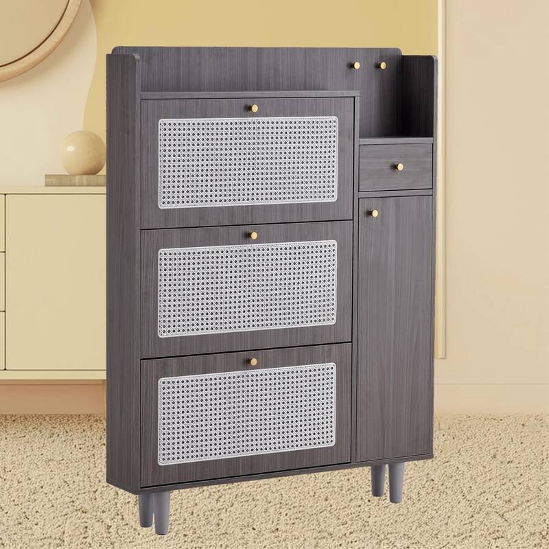 Stylish MDF Rattan Bed Top Cabinet, Shoe Rack Storage Cabinet for Bedroom, Hallway, Entryway with Retro Aesthetic - Grey