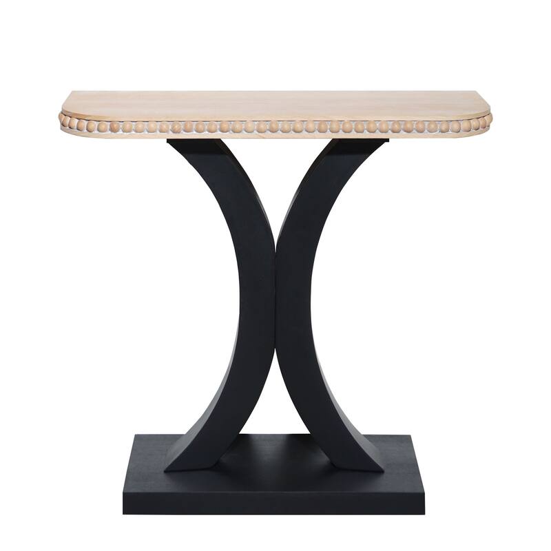 Elegant Half-Moon Console Table with Bead Trim, Versatile Wood Entryway Table with Natural Rounded Tabletop and Black Base