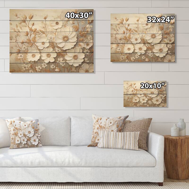 Designart "Elegant Minimalism Florals In Every Season I" Seasonal Flowers Beige Wood Panel On Natural Pine Wood