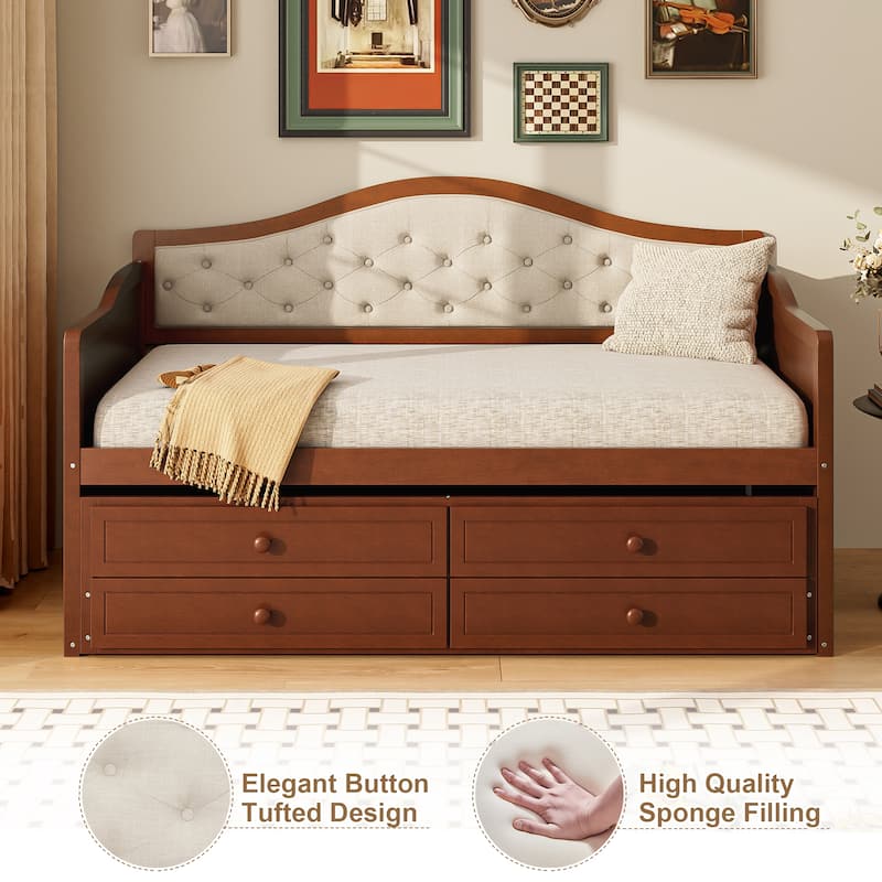 Twin Daybed with Trundle, Twin Size Daybed with 2 Storage Drawers, Wooden Sofa Bed with Upholstered Button Tufted Backrest