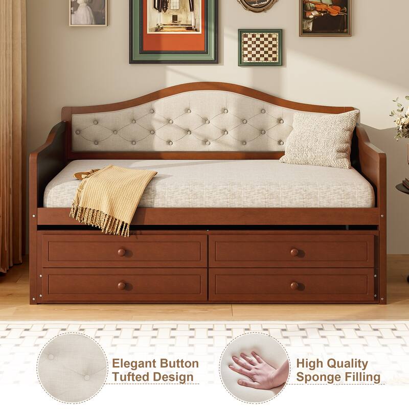 Wooden Frame Day Bed, Twin Size Daybed with Trundle Bed, Upholstered Tufted Button Backrest Sofa Bed with 2 Storage Drawers