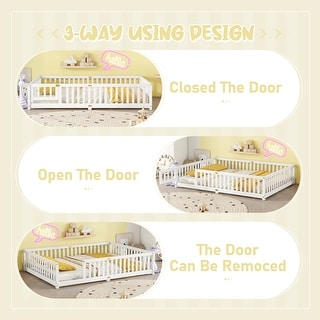 White Queen Floor Bed with Guardrails & Door - Ideal for Kids