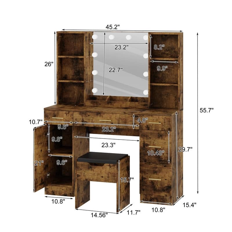 55.7" Dressing Table with LED Lights, Storage Shelves & Stool, Drawers