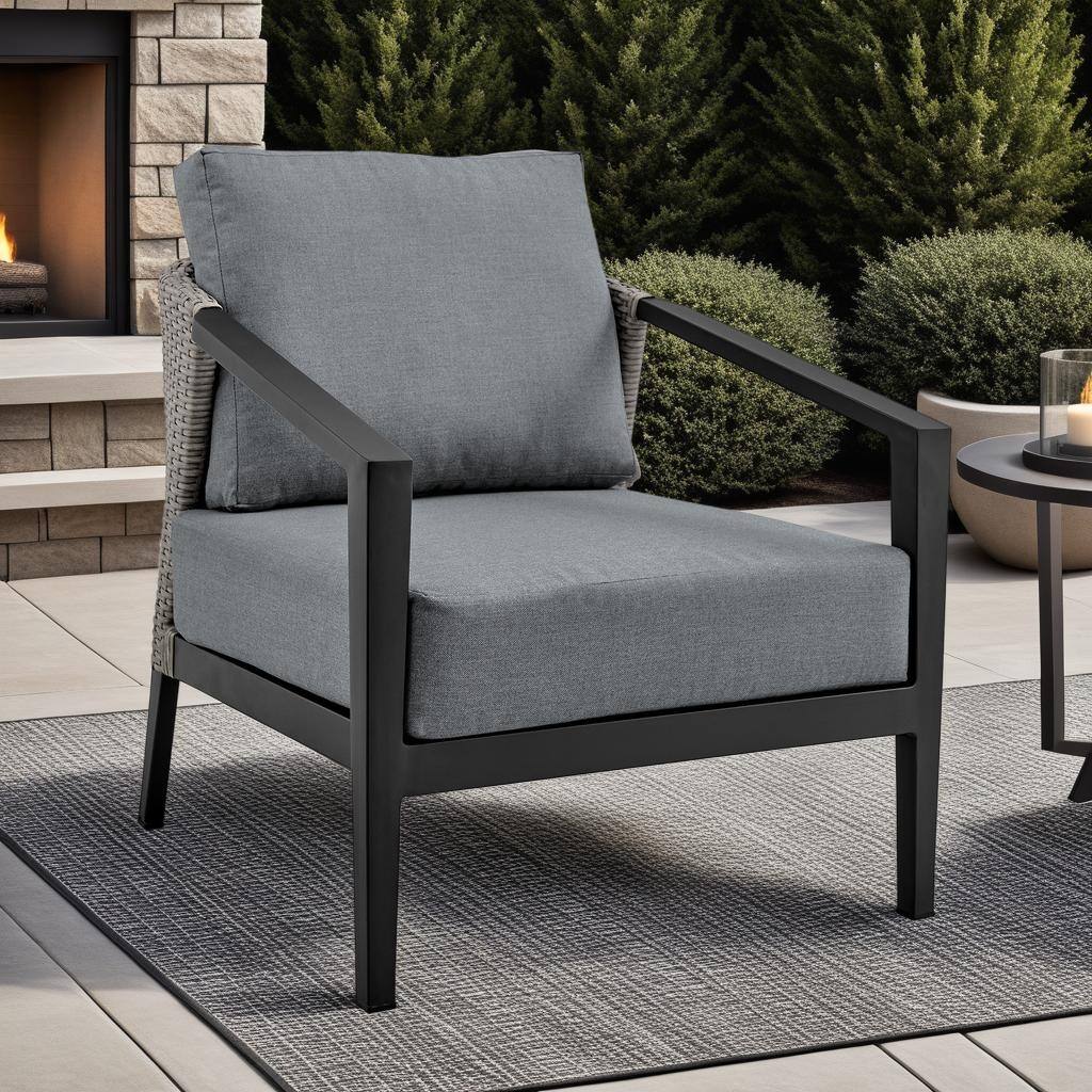 Palma Dark Gray Wicker and Black Aluminum Outdoor Chair with Cushions