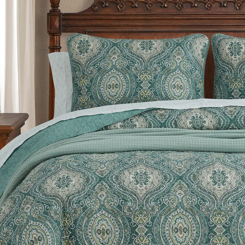 Tommy Bahama Bonny Cove Floral Pattern With Palm Reverse Quilt (Beige, 3 Piece Set)