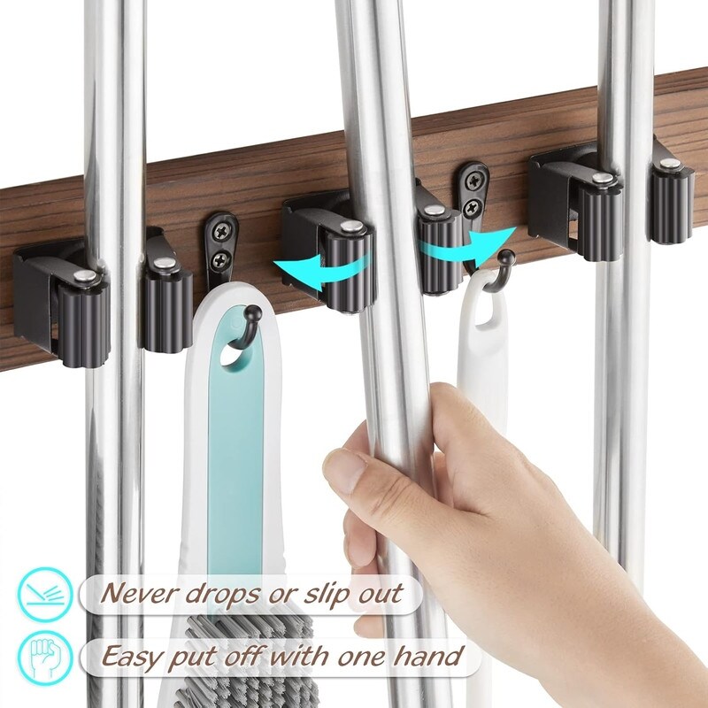 Wall Mounted Broom Holder – Wooden Mop & Brush Organizer With 4 Slots And 4 Hooks, Anti-Slip Rubber, Natural Pine – Space-Saving Storage