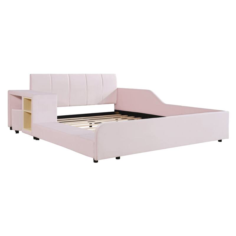 Full Size Upholstered Grounded Bed, Mother & Child Bed with Bedside Desk and Little Round Stool