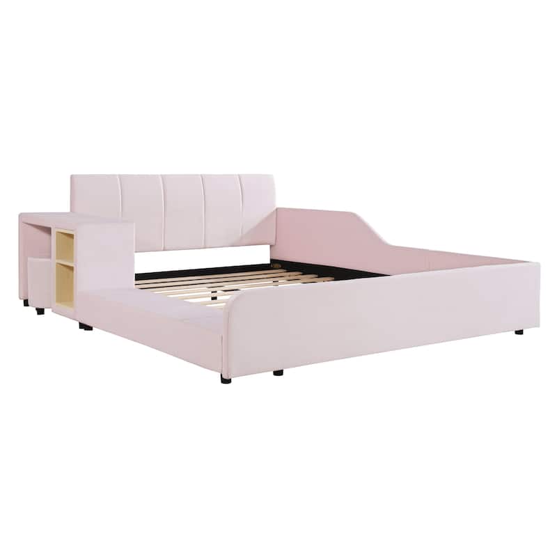 Full Size Velvet Upholstered Platform Bed w/ Bedside Desk & Stool, Mother & Child Platform Bed Frame w/ Footboard & Guardrail