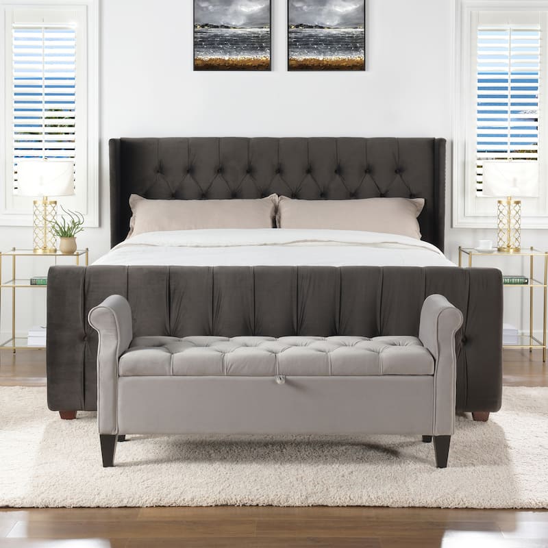 David Velvet Upholstered Tufted Wingback Panel Bed - Dark Charcoal Grey Velvet - King