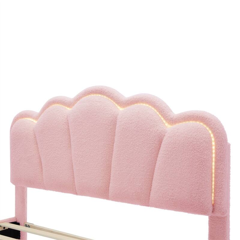 Upholstered Platform Bed with Flower-Shaped Headboard & LED Light Strip, Twin/Full Size Sherpa Fabric Bed Frame w/ Slats Support