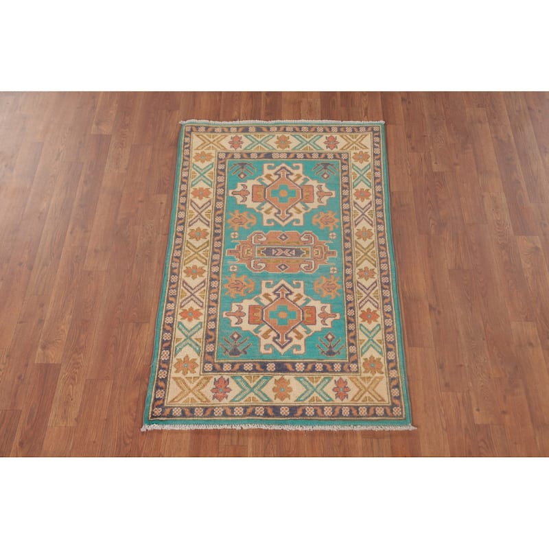 Turquoise Green Kazak Oriental Foyer Rug Handmade Wool Carpet - 2'7" x 4'3"
