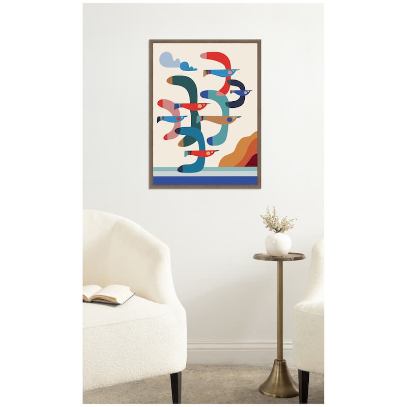 Kate and Laurel Seagulls Coastal Vibes by Rachel Lee Framed Canvas Wall Art Print