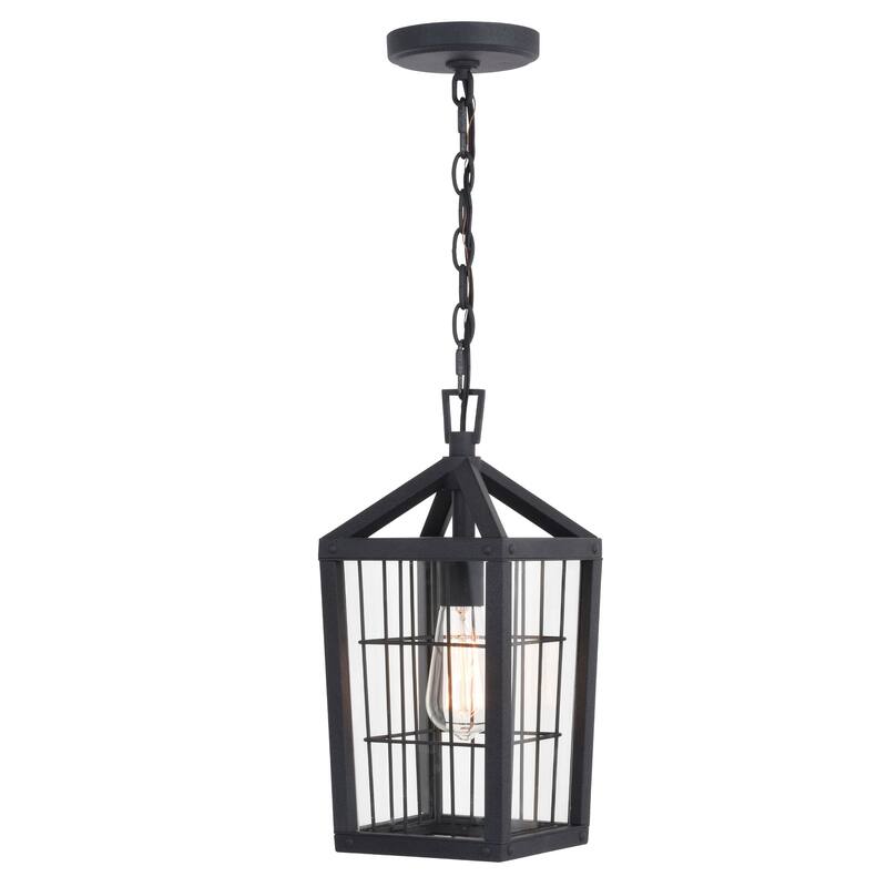 Gage 7-in Black Outdoor Farmhouse Wire Cage Pendant, 1-Light Hanging Ceiling Light with Clear Glass Panels - Volcanic Black - 7-in W x 14.5-in H x 7-in D
