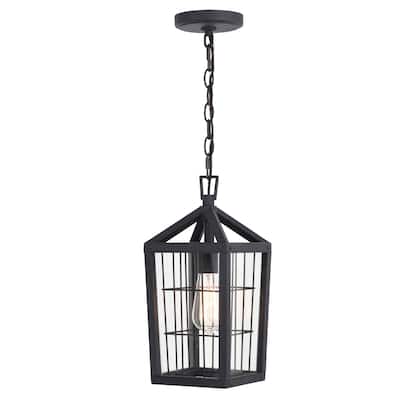 Gage 7-in Black Outdoor Farmhouse Wire Cage Pendant, 1-Light Hanging Ceiling Light with Clear Glass Panels