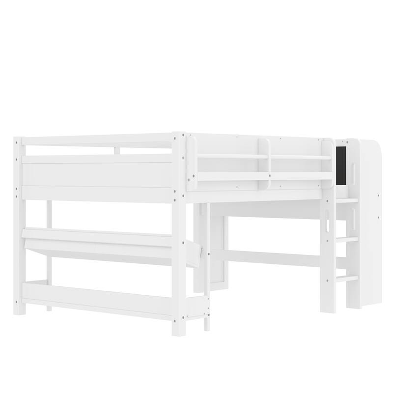 Low Solid Wood Loft Bed with Bookcase, Desk, Drawers and Storage Boxes