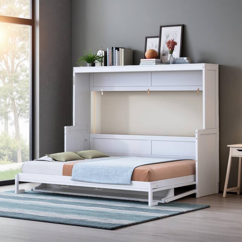 Hydraulic Folding Queen Murphy Bed with Integrated Desk & Hidden Workspace by Harper&Bright Designs - White - Full