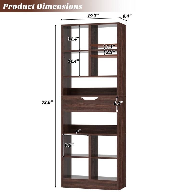 Freestanding 74" Tall Bookcase with Drawer,8-Tier Bookshelf Open Display Shelves for Living Room Home Office, Bedroom